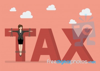 Business Woman Crucified On Tax Word Stock Image