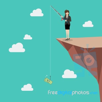 Business Woman Fishing Money On Hill Stock Image