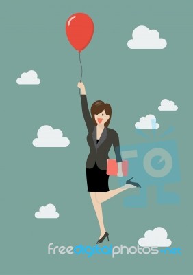 Business Woman Flying With Red Balloon Stock Image