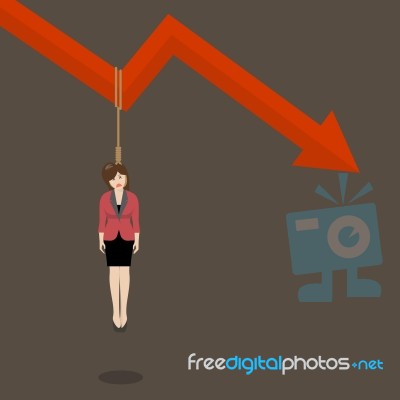 Business Woman Hang Herself On A Graph Down Stock Image