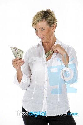 Business Woman Hiding Money In The White Shirt Stock Photo