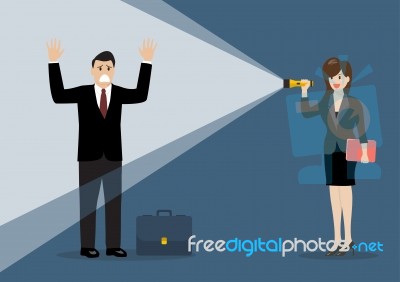 Business Woman Holding Flashlight Glow To Businessman Stock Image