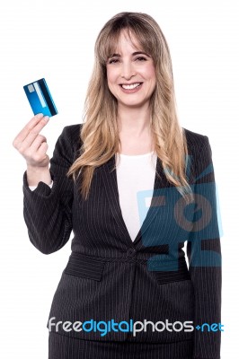 Business Woman Holding Up Her Cash Card Stock Photo