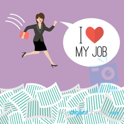 Business Woman Jump Into A Lot Of Documents With Word I Love My Job Stock Image