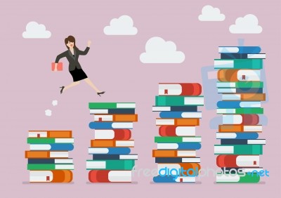 Business Woman Jumping Over Higher Stack Of Books Stock Image