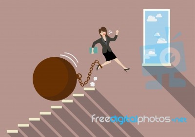 Business Woman Jumping To Freedom With Heavy Weight Burden Stock Image