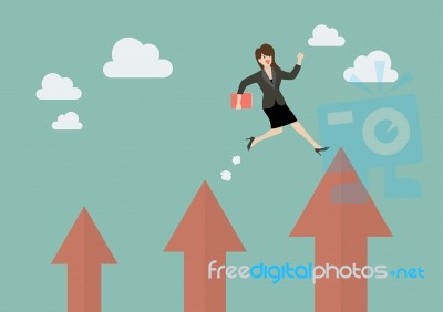 Business Woman Jumping Up To A Higher Arrow Stock Image