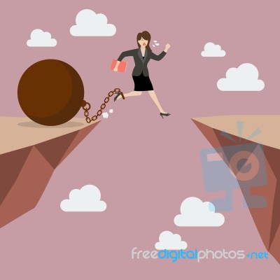 Business Woman Jumps The Abyss With The Weight Stock Image