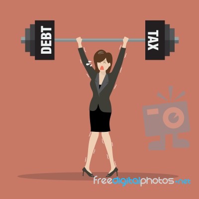 Business Woman Lifting A Heavy Weight Of Debt And Tax Stock Image