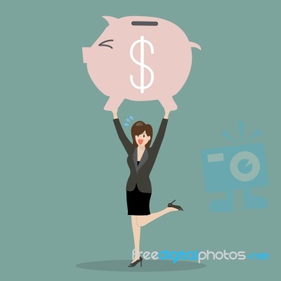 Business Woman Lifting A Piggy Bank Stock Image