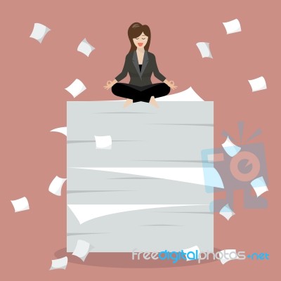 Business Woman Meditating On A Lot Of Documents Stock Image