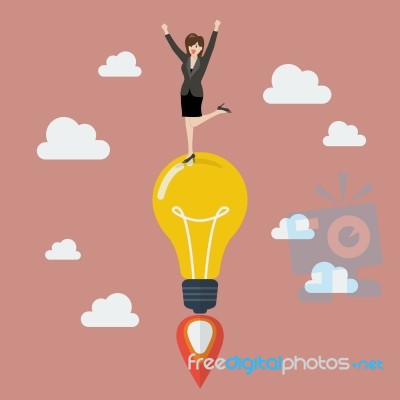 Business Woman On A Lightbulb Idea Rocket Stock Image