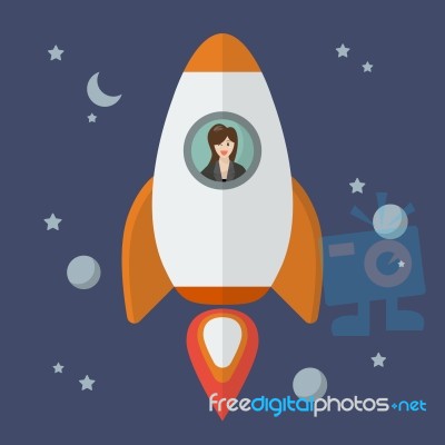 Business Woman On A Rocket Stock Image