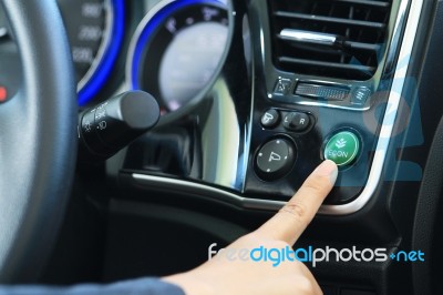 Business Woman Push A Button Stock Photo