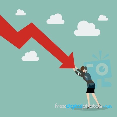 Business Woman Pushing Hard Against Falling Graph Down Stock Image