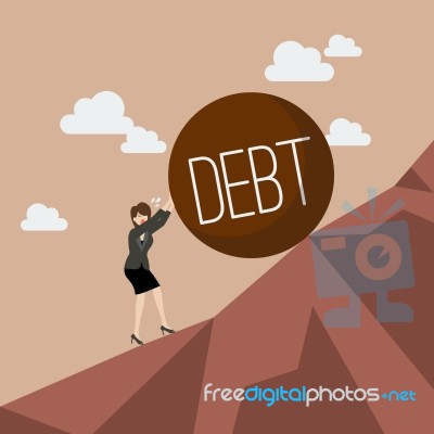 Business Woman Pushing Heavy Debt Uphill Stock Image