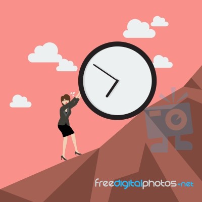 Business Woman Pushing Huge Clock Uphill Stock Image