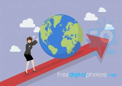 Business Woman Pushing The World On Graph Up Stock Image