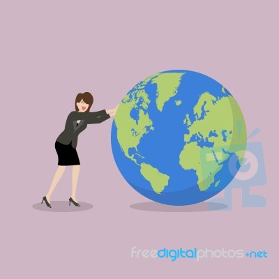 Business Woman Pushing The World Uphill Stock Image