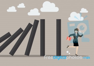 Business Woman Run Away From Domino Effect Stock Image