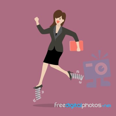 Business Woman Running By Elastic Spring Shoes Stock Image