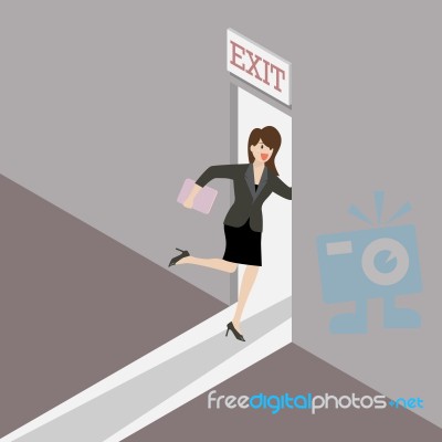 Business Woman Runs To The Exit Door Stock Image