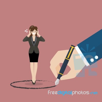 Business Woman Stand Inside A Circle Painted By Big Boss Stock Image