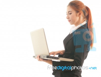 Business Woman Standing Using Laptop Stock Photo