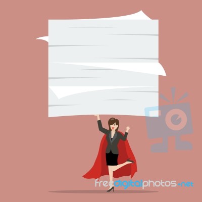 Business Woman Superhero Lifting A Lot Of Documents Stock Image