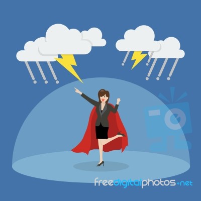 Business Woman Superhero With Barrier Protecting From Thunderstorm Stock Image