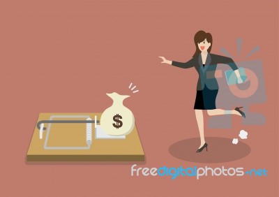 Business Woman Try To Pick Money From Mousetrap Stock Image