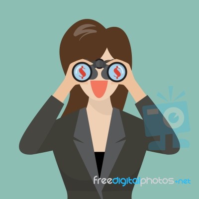 Business Woman Use Binoculars Looking For Money Stock Image