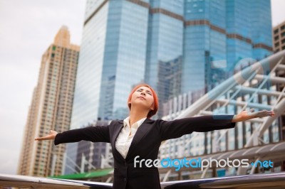 Business Woman With Hands Spread Stock Photo