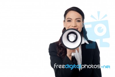 Business Woman With Loudhailer Stock Photo