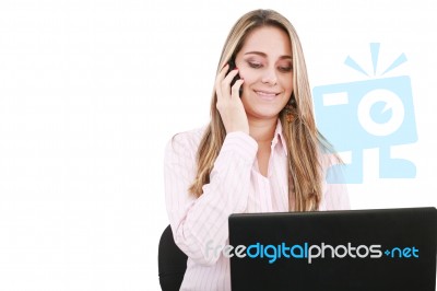 Business Woman With Pc And Phone Stock Photo