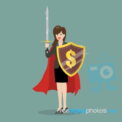 Business Woman With Shield And Sword Stock Image