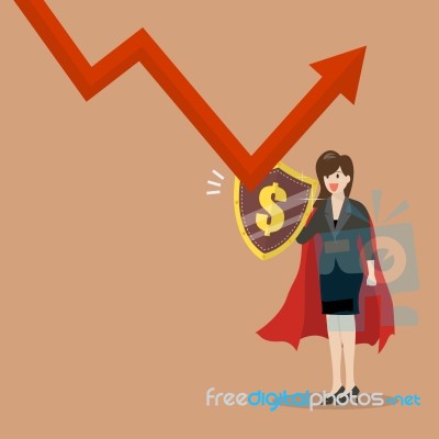 Business Woman With Shield Protecting From Graph Down Stock Image