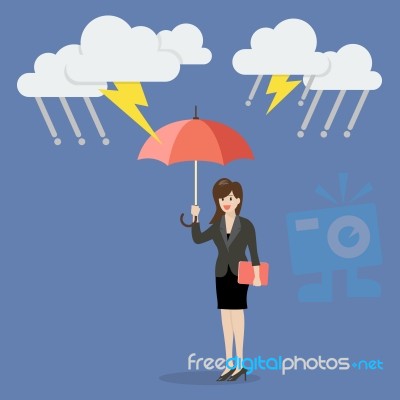 Business Woman With Umbrella Protecting From Thunderstorm Stock Image