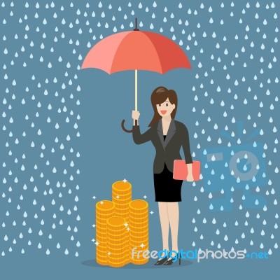 Business Woman With Umbrella Protecting Her Money From Financial… Stock Image