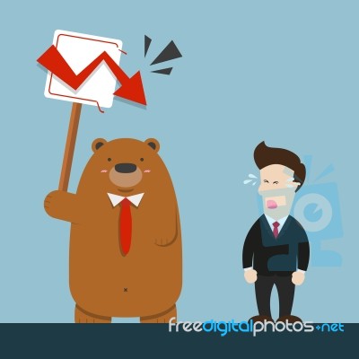 Businessman And Cute Big Brown Bear In Stock Market Going Down Stock Image