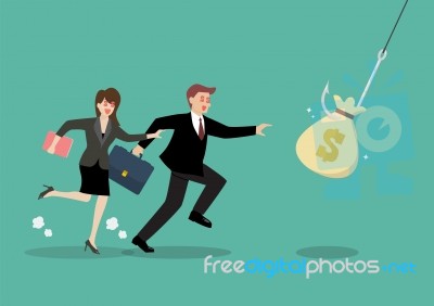 Businessman And Woman Try To Pick Money Bag From Hook Trap Stock Image