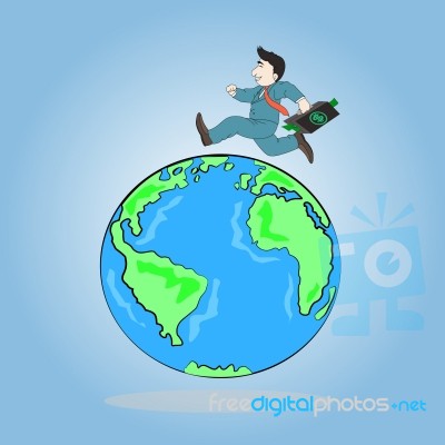 Businessman Carrying Briefcase Run Around A World Stock Image