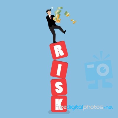 Businessman Carrying His Money On Shaky Risk Blocks Stock Image