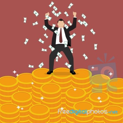 Businessman Celebrates On Money Staircase Stock Image