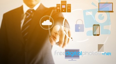 Businessman Connecting To Cloud Network Technology Concept Background Stock Photo