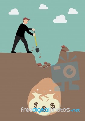 Businessman Digging A Ground To Find A Treasure Stock Image