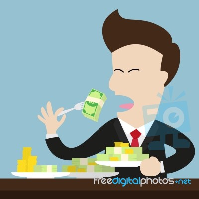 Businessman Eat Money Bill And Coin As Meal Stock Image