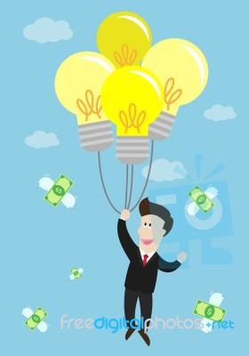 Businessman Float In The Air By Idea Light Bulb Balloon Stock Image