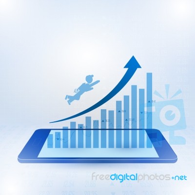 Businessman Flying Toward The Top Of Business Graph On Mobile Stock Image