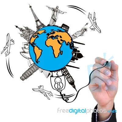 Businessman Hand Drawing Travel The World Monument Concept Stock Image